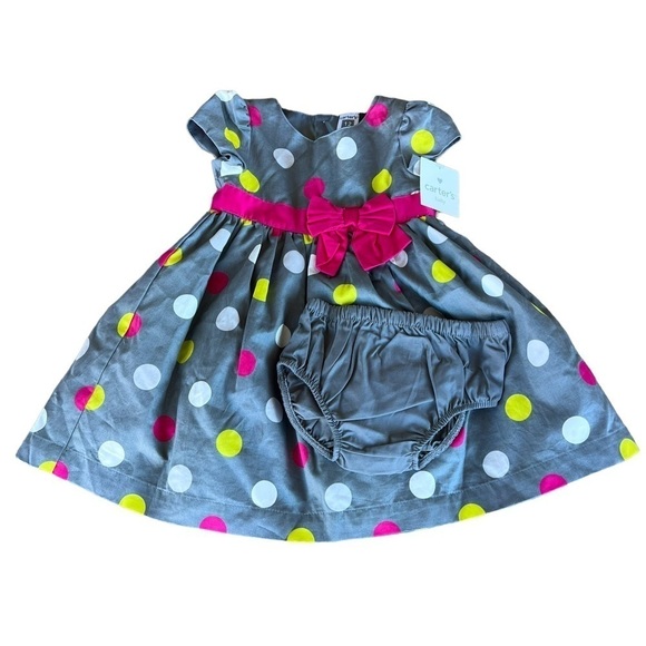 Carter’s Dress Me Up Polka Dot Dress Baby 12 Months Gray Pink Sash Bow Tulle NWT - Picture 1 of 9